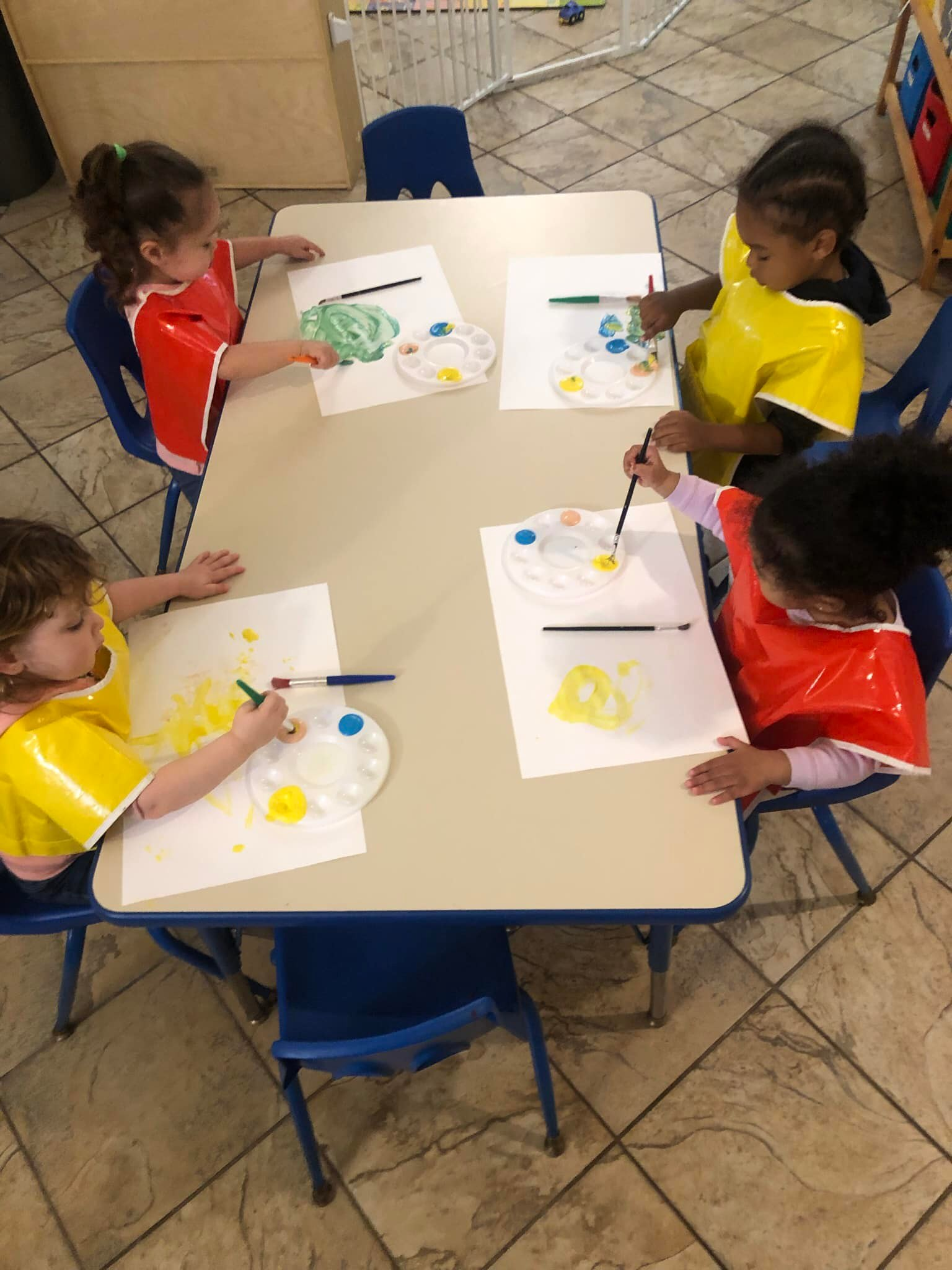 Children engaged in a painting activity at the art table